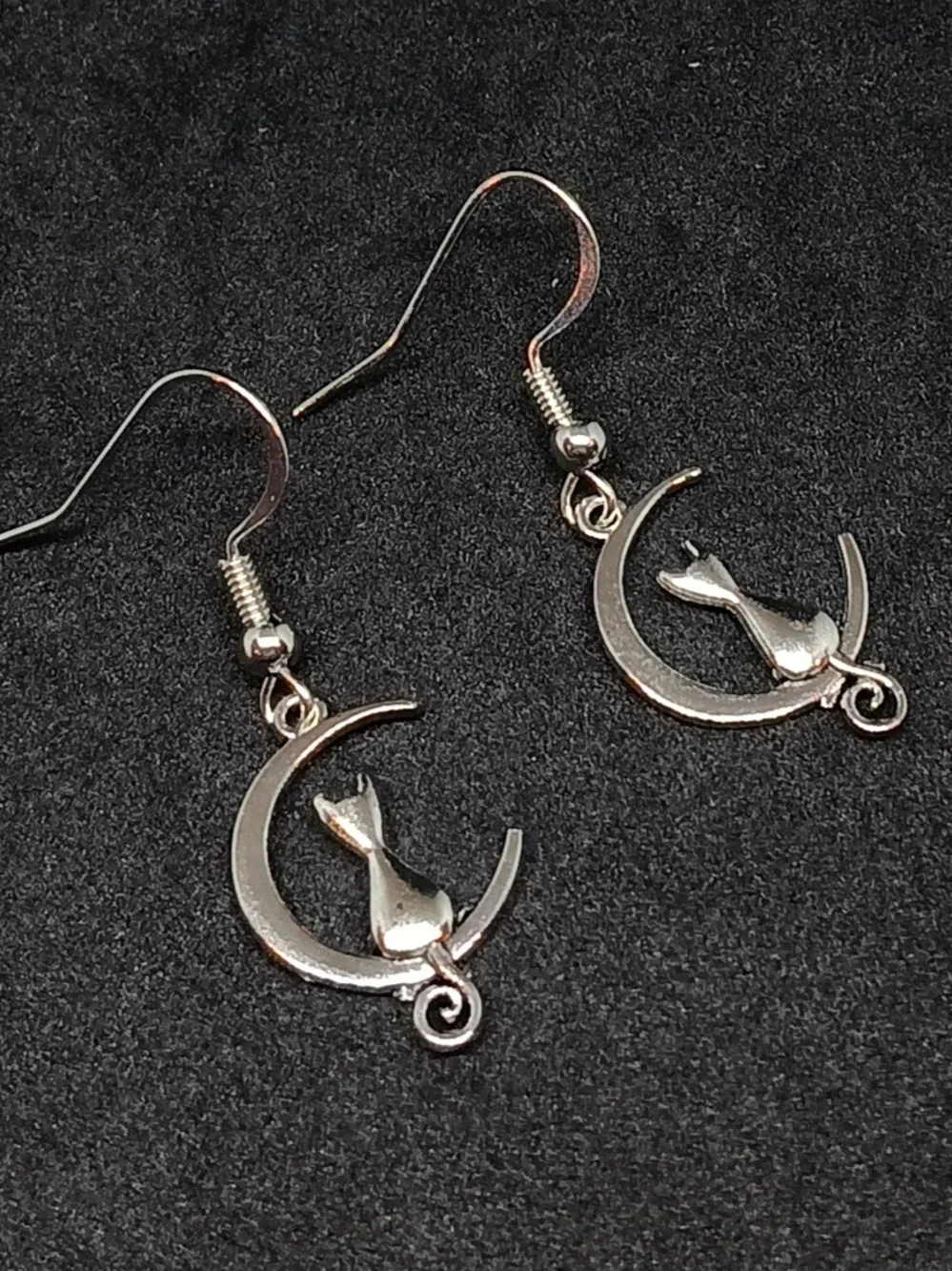 Whimsical Silver Cat & Crescent Moon Dangle Earrings